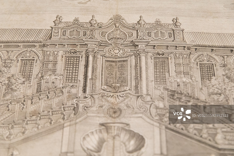 故宫乐林泉中外园林文化展圆明园铜版画册海晏堂西面图片素材