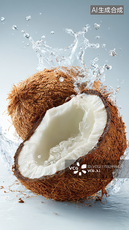 【AI数字艺术】椰子破裂，水花四溅的瞬间图片素材