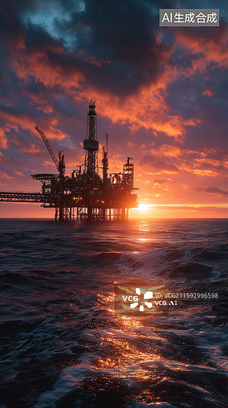 【AI数字艺术】海上石油平台的日落景象图片素材