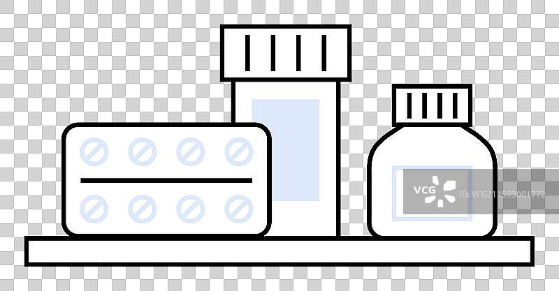 药瓶和药片泡罩包装放在架子上图片素材