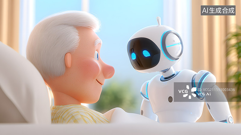 【AI数字艺术】机器人智能陪伴概念插画图片素材