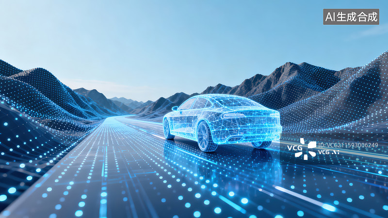 【AI数字艺术】数字化点阵线条网格数据景观道路上行驶着未来虚拟汽车，数字空间未来科技背景图片素材
