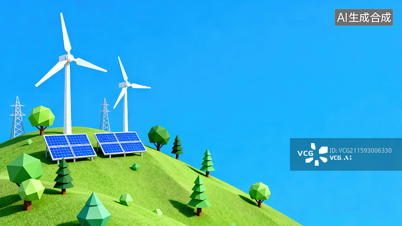 【AI数字艺术】3d渲染卡通风格半山坡上的风力发电机光伏太阳能板和电缆电线铁塔图片素材