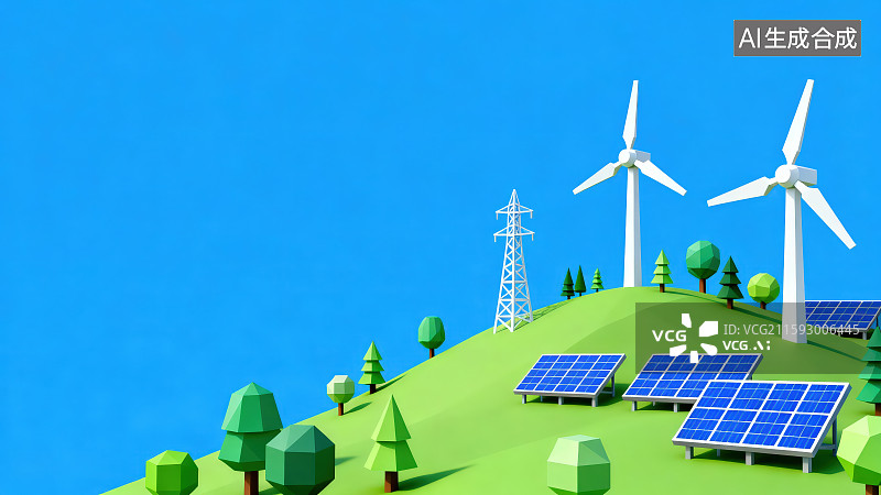 【AI数字艺术】3d渲染卡通风格半山坡上的风力发电机光伏太阳能板和电缆电线铁塔图片素材