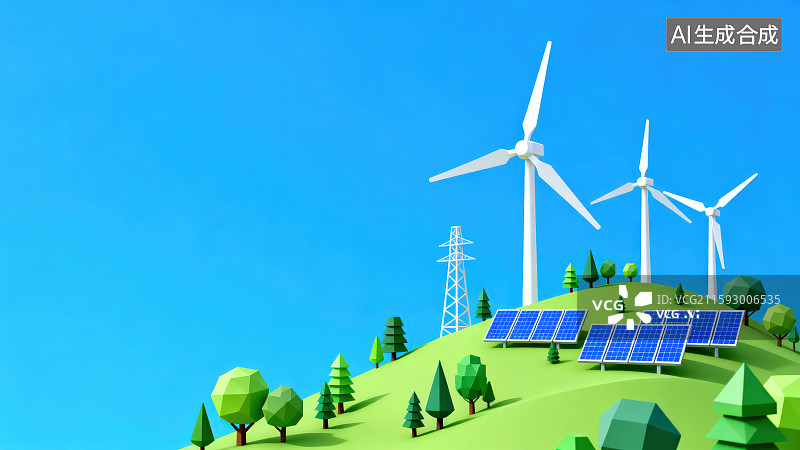 【AI数字艺术】3d渲染卡通风格半山坡上的风力发电机光伏太阳能板和电缆电线铁塔图片素材