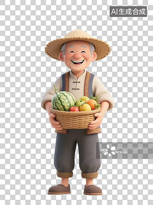 【AI数字艺术】3D渲染卡通农民，拿着蔬菜水果的老人，农民伯伯，有机食品，免抠元素图片素材
