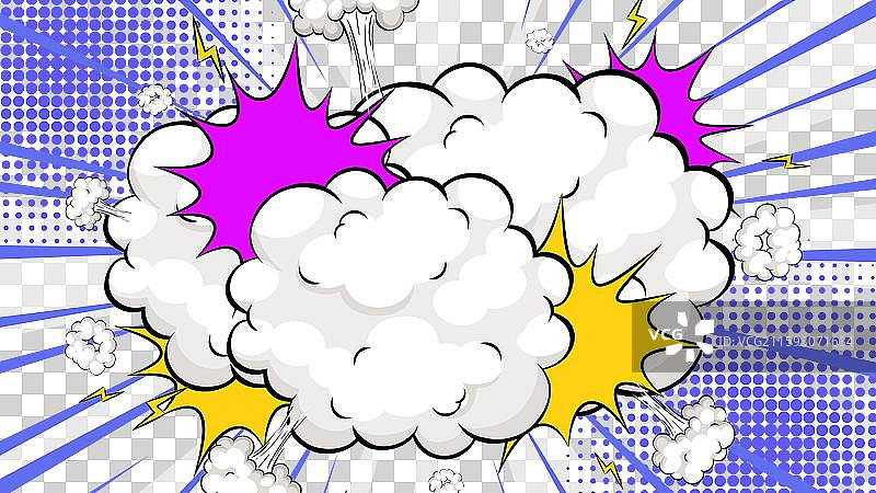 色彩斑斓的漫画爆炸，伴有云朵和闪电图片素材