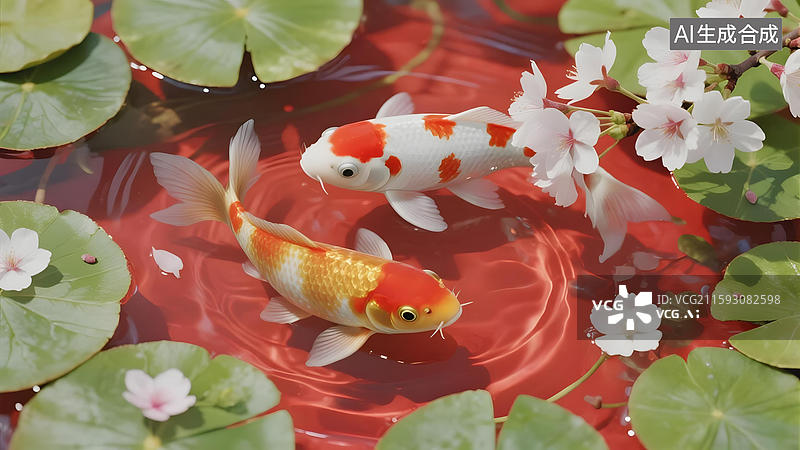 【AI数字艺术】锦鲤游于荷花池中图片素材
