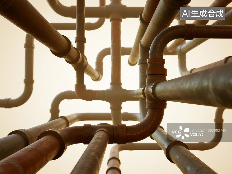 【AI数字艺术】交错的金属管道网络图片素材