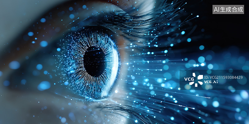 【AI数字艺术】人类瞳孔特写和反射出的科技之光图片素材