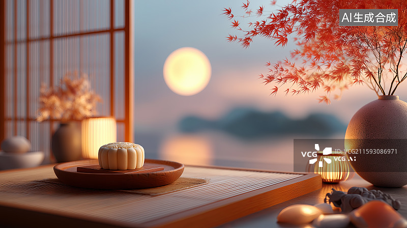 【AI数字艺术】中秋主题背景——新中式装饰的房屋，窗口摆放着一盘月饼，窗外是满月图片素材