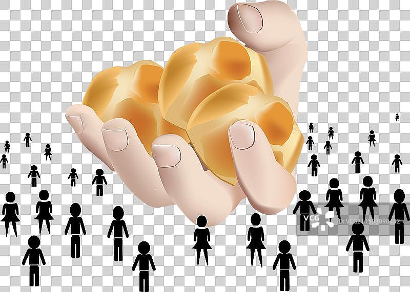 巨大的手握着金色的金块，俯视着微小的物体图片素材