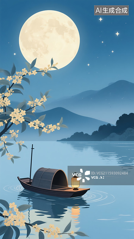 【AI数字艺术】渔船桂花月亮风景插画图片素材