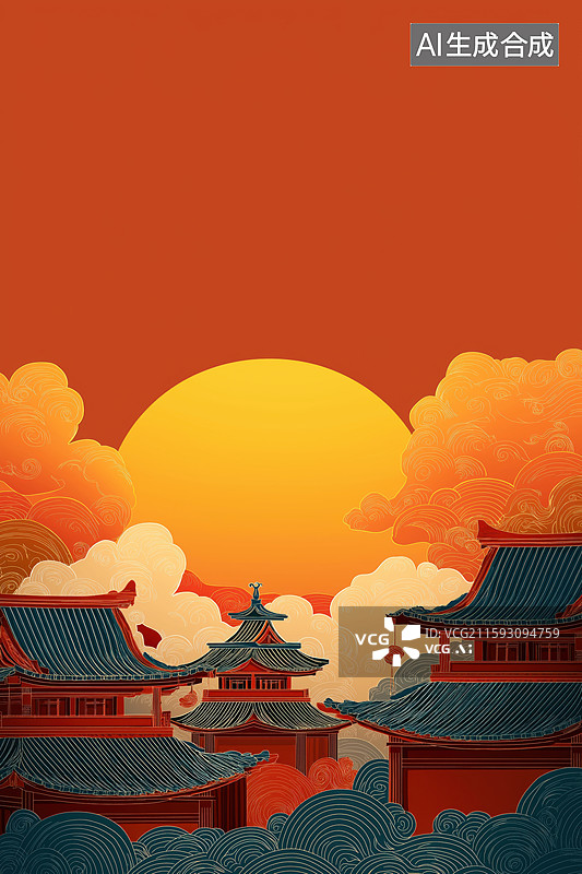【AI数字艺术】古风建筑日落云景图片素材