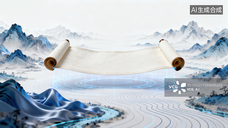 【AI数字艺术】传统中国卷轴展开悬浮在空中空白白色纸张山川河流千里江山图3D插画未来主义全息投影技术与古典文化新元素图片素材