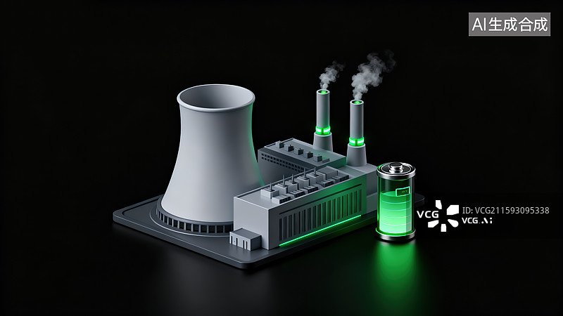 【AI数字艺术】创意火力发电站3D可视化图标配圆柱形电池能量指示器和绿色发光元素新质生产力色背景现代科技商业设计图片素材