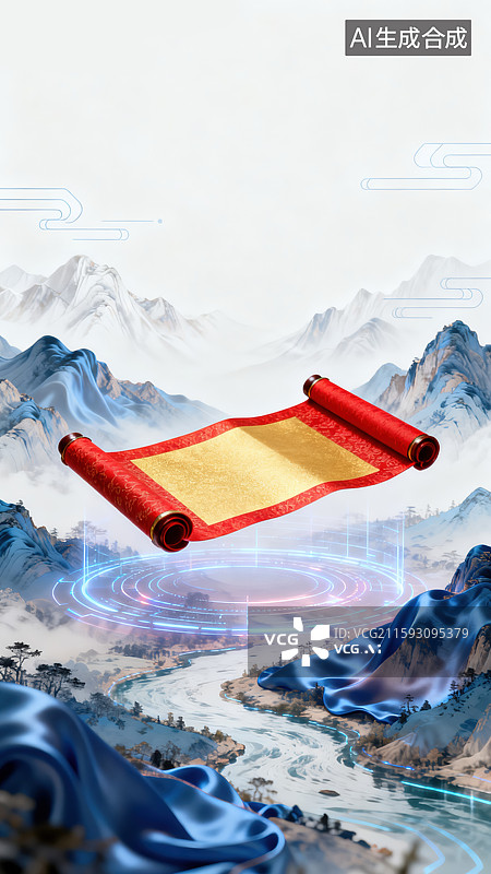 【AI数字艺术】传统中国卷轴展开悬浮在空中空白金色纸张山川河流千里江山图3D插画未来主义全息投影技术与古典文化新元素图片素材