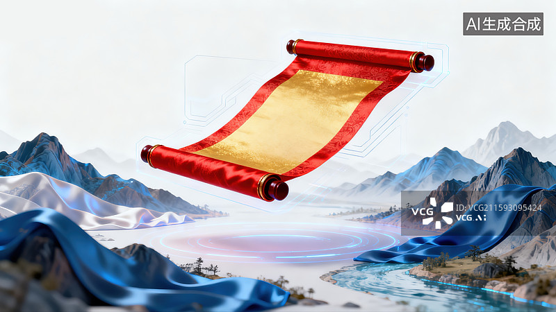 【AI数字艺术】传统中国卷轴展开悬浮在空中空白金色纸张山川河流千里江山图3D插画未来主义全息投影技术与古典文化新元素图片素材