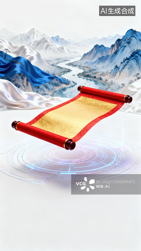 【AI数字艺术】传统中国卷轴展开悬浮在空中空白金色纸张山川河流千里江山图3D插画未来主义全息投影技术与古典文化新元素图片素材