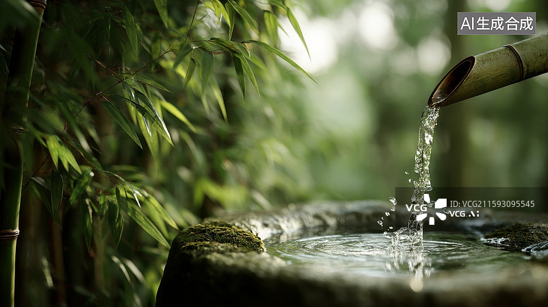 【AI数字艺术】竹林里的水池图片素材