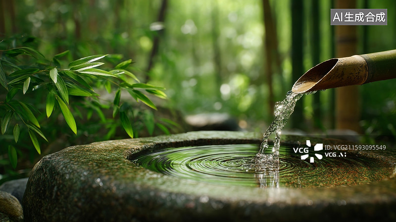 【AI数字艺术】竹林里的水池图片素材