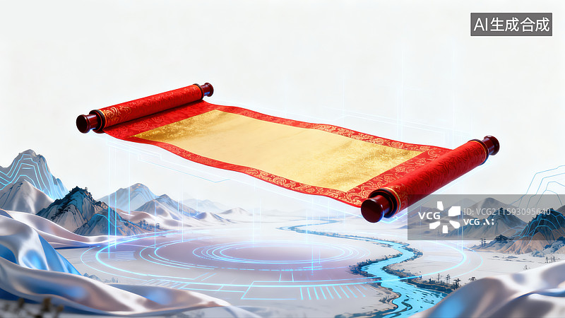 【AI数字艺术】传统中国卷轴展开悬浮在空中空白金色纸张山川河流千里江山图3D插画未来主义全息投影技术与古典文化新元素图片素材