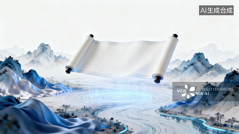 【AI数字艺术】传统中国卷轴展开悬浮在空中空白白色纸张山川河流千里江山图3D插画未来主义全息投影技术与古典文化新元素图片素材