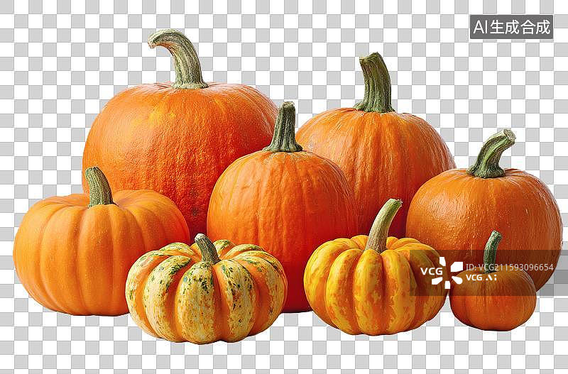 【AI数字艺术】不同大小形状的橙色南瓜集合图片素材