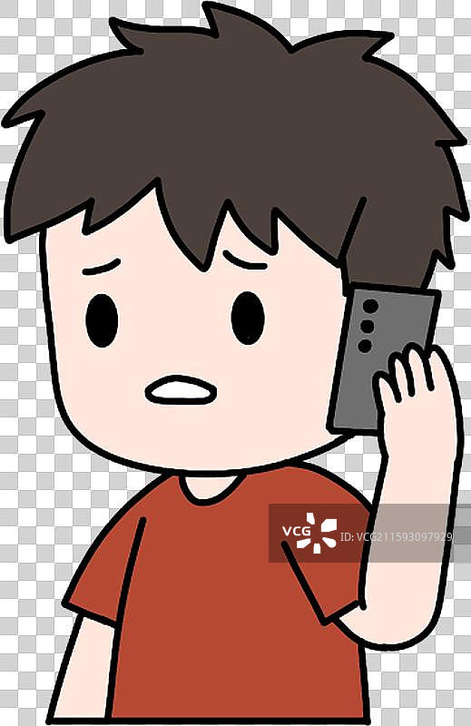 漫画卡通人物男孩接电话听到坏消息难过的表情图片素材