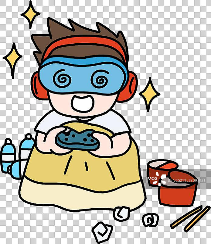 漫画卡通人物男孩宅家沉迷游戏通宵达旦状态图片素材