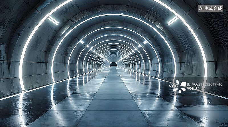 【AI数字艺术】混凝土结构的延伸感 霓虹灯光构成的未来隧道 科技感十足的无限延伸空间图片素材