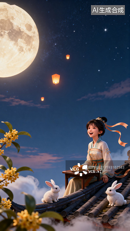 【AI数字艺术】屋顶上的中秋佳节图片素材