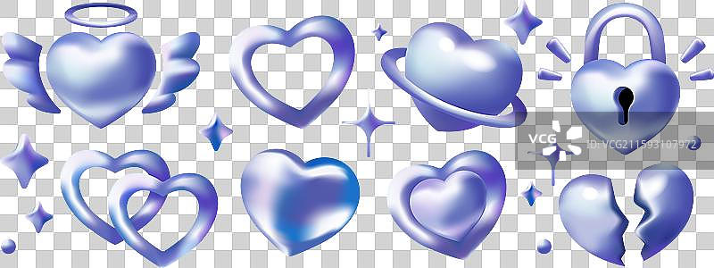 一组3D全息心形图案，具有彩虹色彩效果图片素材