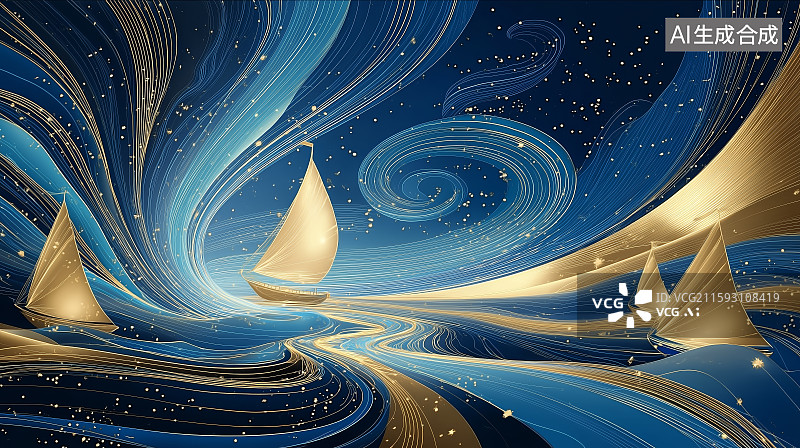 【AI数字艺术】金色的帆船在海洋行驶图片素材