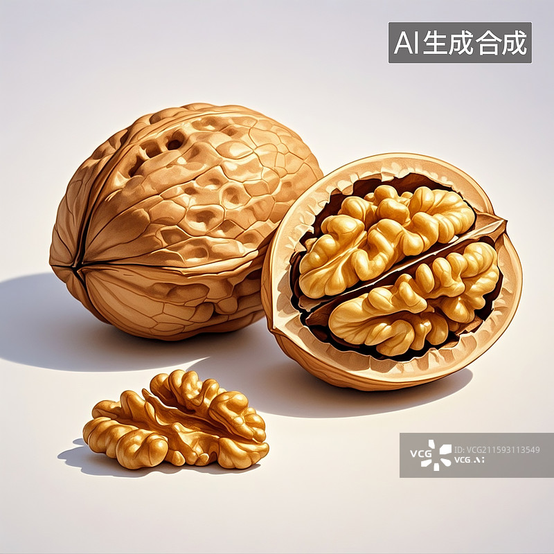 【AI数字艺术】彩铅画，两只核桃，前面一只剥开一半，露出核桃仁，特写镜头。图片素材
