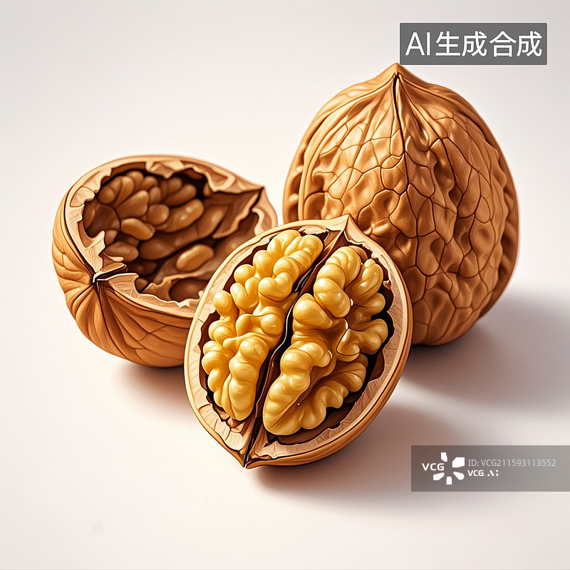 【AI数字艺术】彩铅画，两只核桃，前面一只剥开一半，露出核桃仁，特写镜头。图片素材