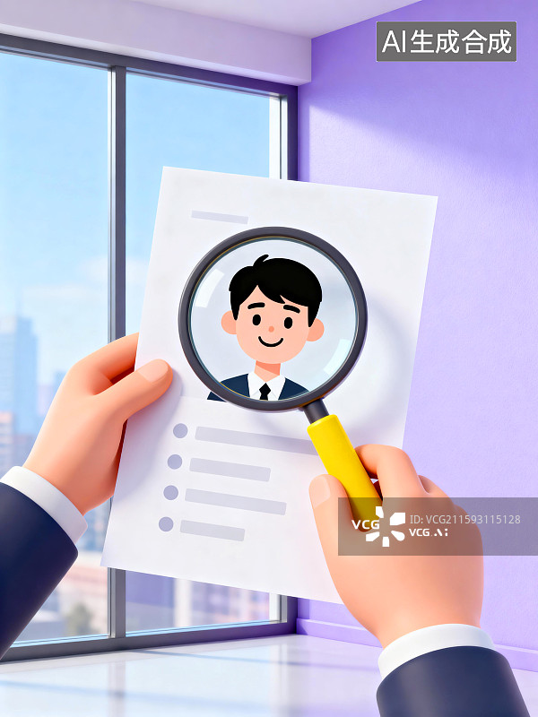【AI数字艺术】HR放大镜筛选简历招聘插画图片素材