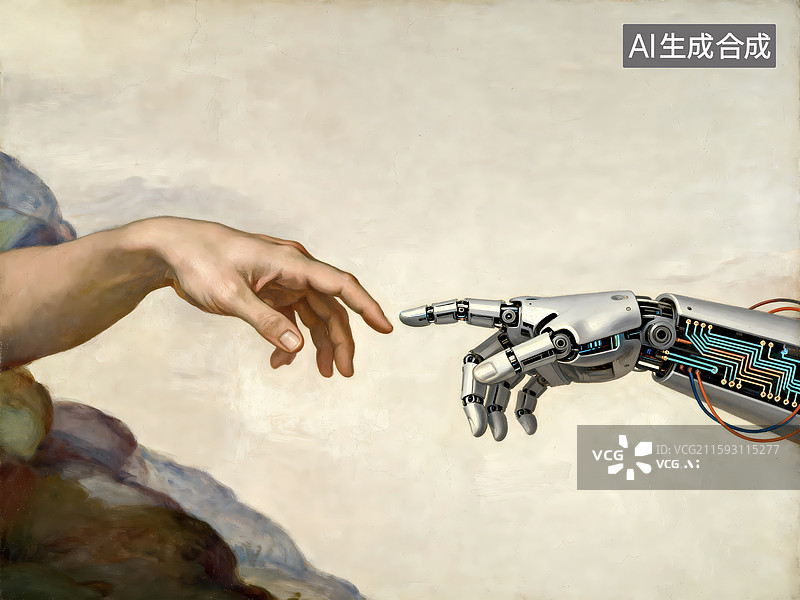 【AI数字艺术】创世纪画面机器人握手机械手人工智能交流图片素材