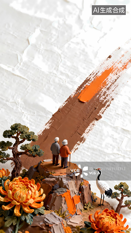 【AI数字艺术】重阳节老人登高赏菊微型景观图片素材