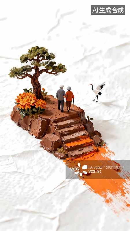 【AI数字艺术】重阳节老人登高赏菊微型景观图片素材