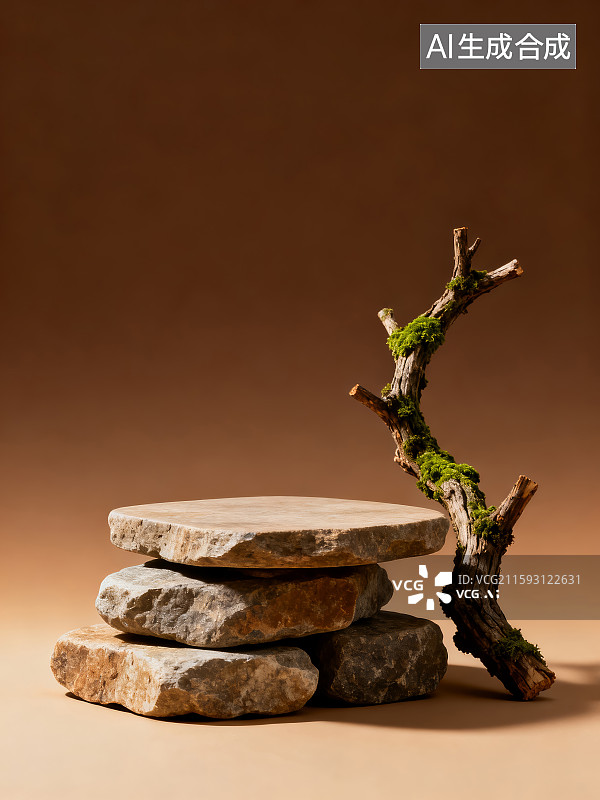 【AI数字艺术】自然石与带苔藓树枝的展示平台图片素材