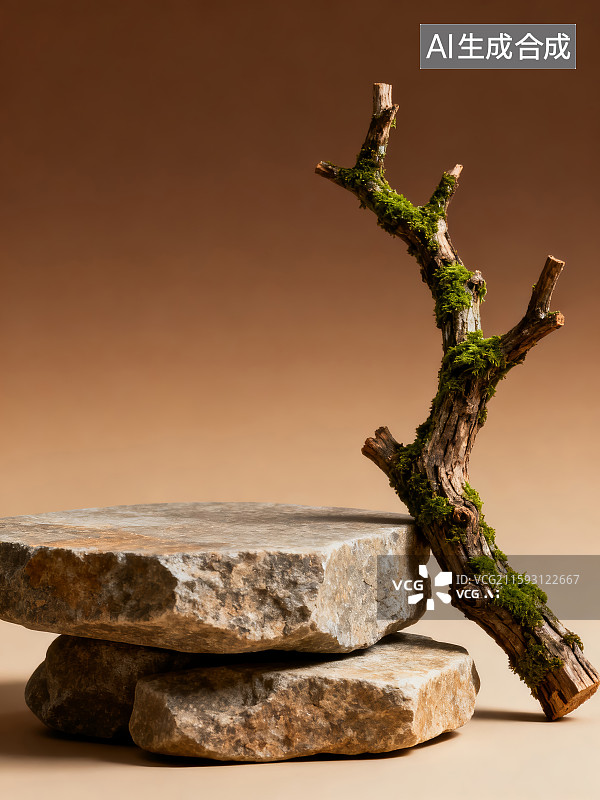 【AI数字艺术】自然石与带苔藓树枝的展示平台图片素材