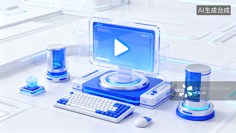 【AI数字艺术】炫酷未来的蓝白全息科技设备图片素材