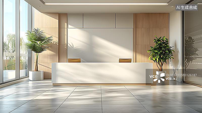 【AI数字艺术】简约接待空间 光影下的现代前台 现代接待区及其室内设计元素和时尚柜台背景酒店环境图片素材