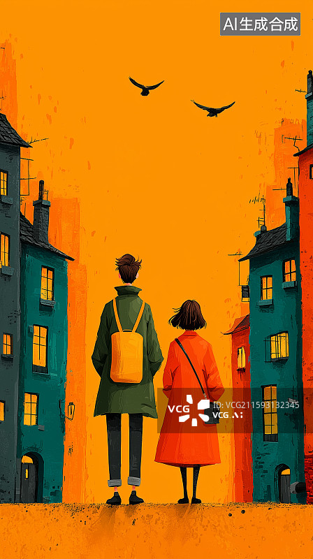 【AI数字艺术】漫步在城市街头的情侣背影插画图片素材
