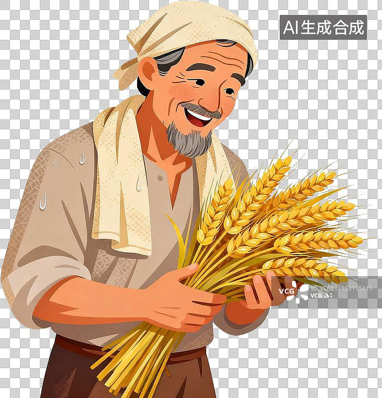 【AI数字艺术】秋天农民丰收季抱着麦子的农民卡通插画免抠元素图片素材