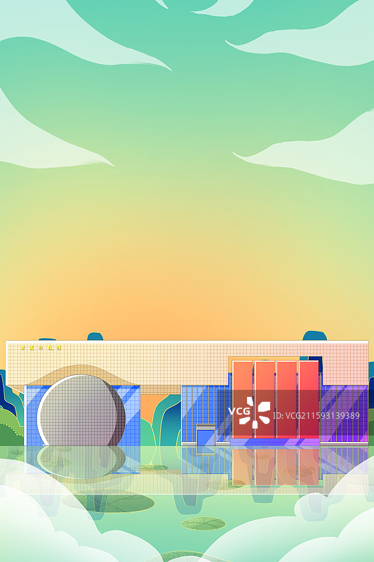 绿色新中式国潮风城市系列插画甘肃科技馆图片素材