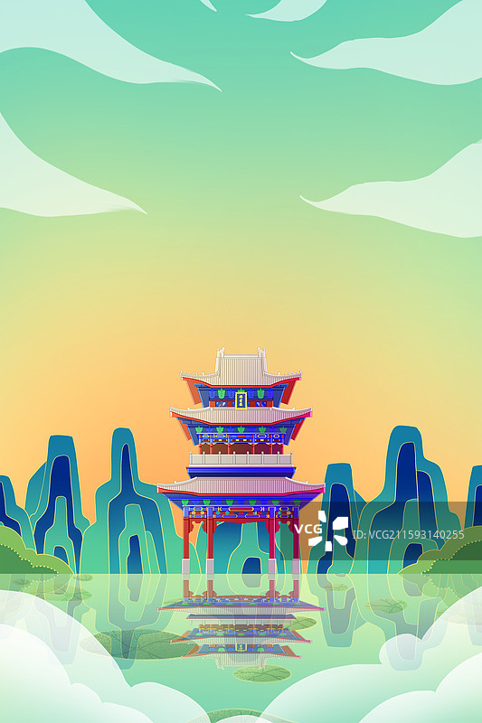 绿色新中式国潮风城市系列插画甘肃兰州老街拂云楼图片素材