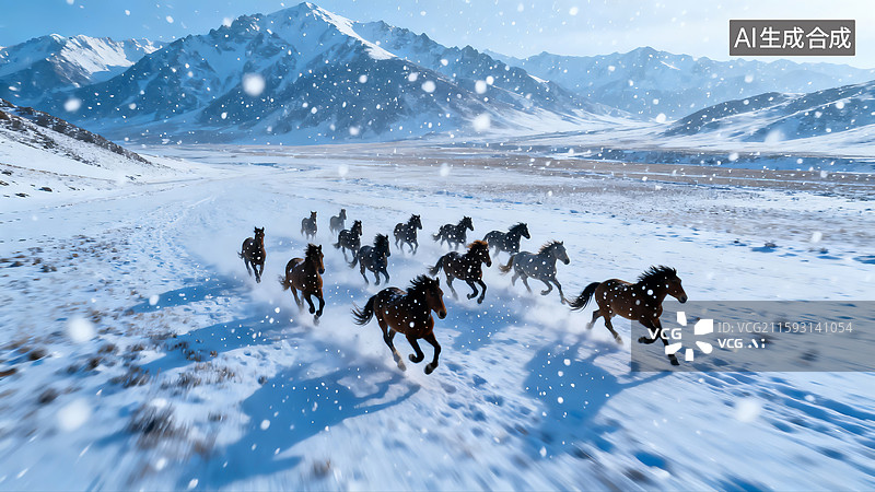 【AI数字艺术】在雪地里驰骋的马群图片素材