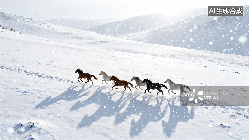 【AI数字艺术】在雪地里驰骋的马群图片素材